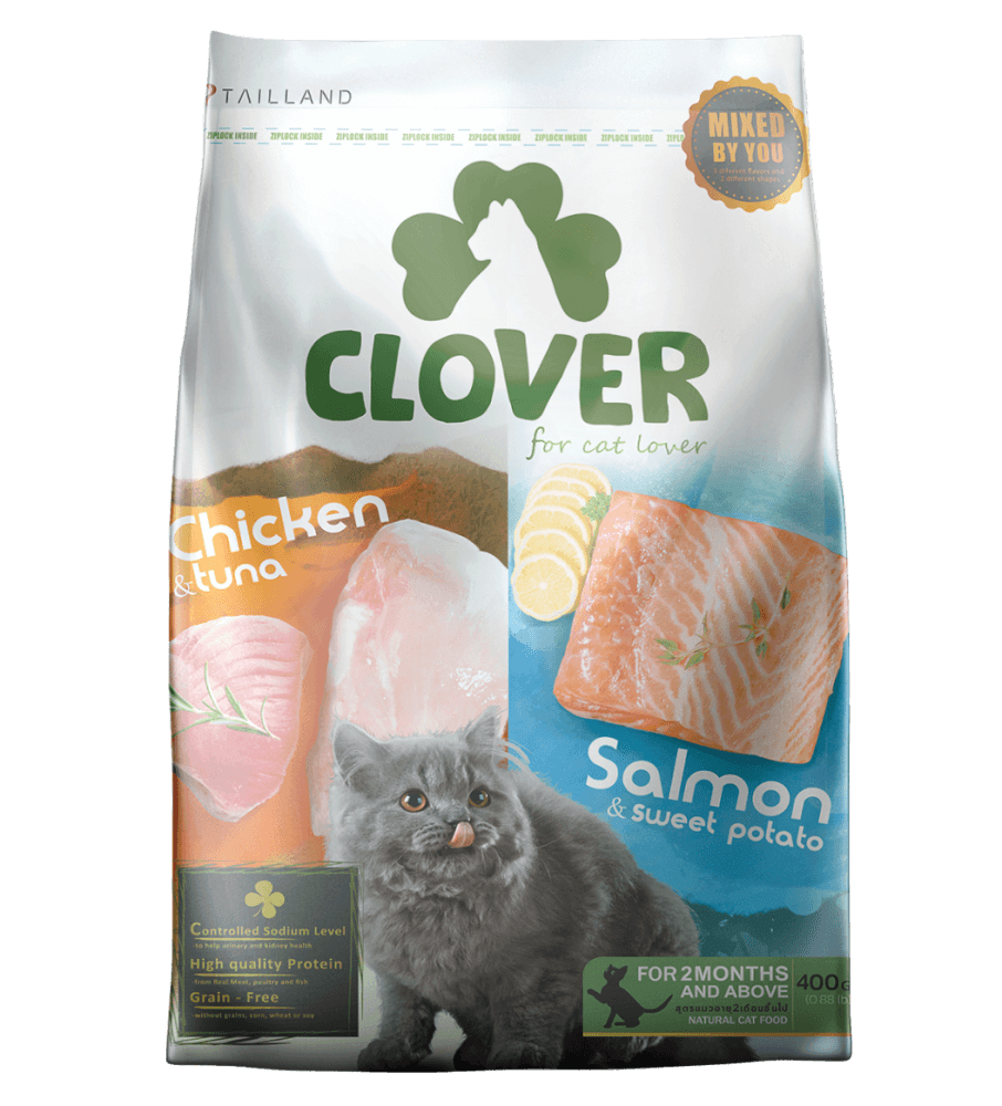 อาหารแมว CLOVER สูตร MIX BY YOU รสไก่กับทูน่า และแซลมอน เกรด HOLISTIC GRAIN-FREE โซเดียมต่ำ (400 G)
